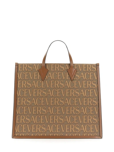 Shop Versace Shopper Bag With Allover Logo In Multicolor