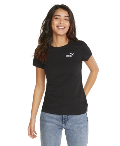 Shop Puma Women's Cotton Crewneck Embroidered-logo T-shirt In  Black