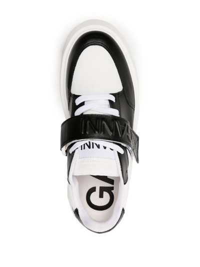 Shop Ganni Logo Faux-leather Sneakers In Black/white Vintage