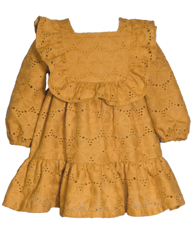Shop Bonnie Baby Baby Girls Eyelet Ruffle Long Sleeve Dress In Mustard
