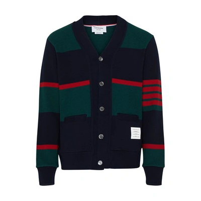 Shop Thom Browne Striped Cardigan In Cashmere In Green_navy