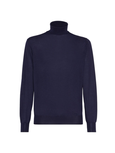 Shop Brunello Cucinelli Men's Cashmere And Silk Lightweight Turtleneck Sweater In Blue