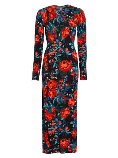 Shop Lela Rose Women's Floral Long-sleeve Midi-dress In Black Multi
