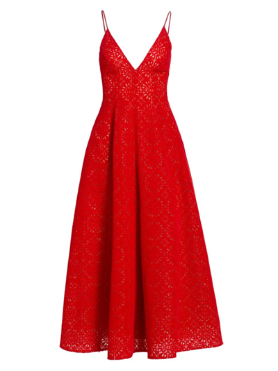 Shop Lela Rose Women's V-neck Lace Midi-dress In Red