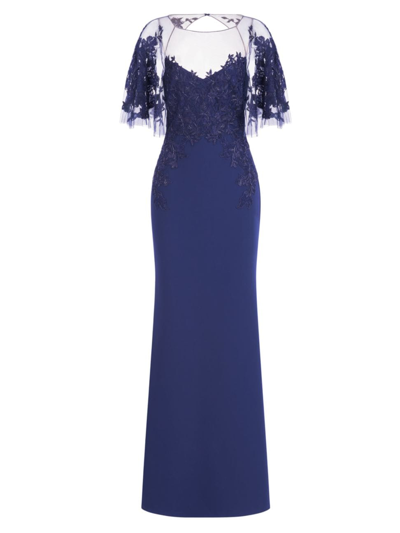 Shop Theia Women's Verona Semi-sheer Floral-embroidered Gown In Navy