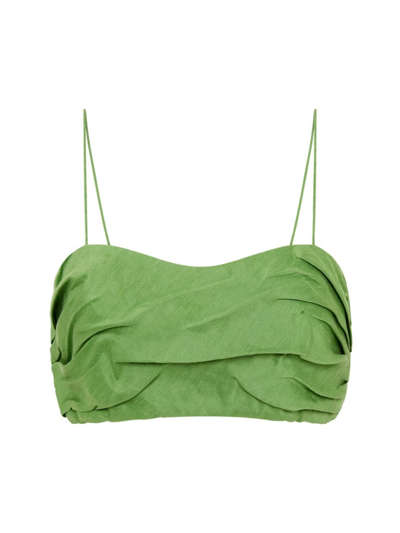 Shop Aje Women's Thea Pleated Linen-blend Crop Top In Fern Green