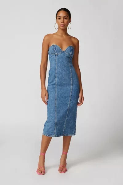 Shop Lioness Smokeshow Denim Strapless Midi Dress In Tinted Denim, Women's At Urban Outfitters