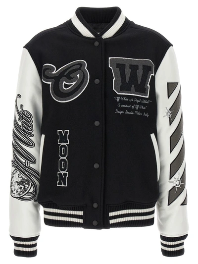 Shop Off-white 'ow Meteor Moon Varsity' Bomber Jacket In White/black