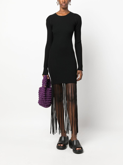 Shop Ganni Fringed Ribbed-knit Minidress In 黑色