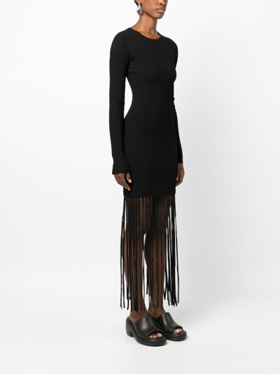 Shop Ganni Fringed Ribbed-knit Minidress In 黑色