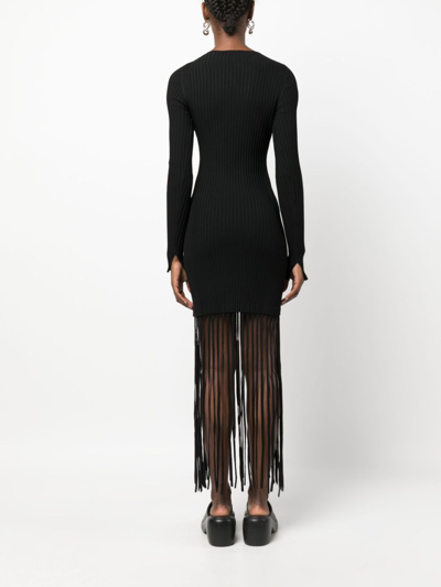 Shop Ganni Fringed Ribbed-knit Minidress In 黑色