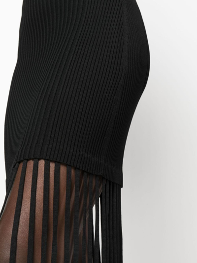 Shop Ganni Fringed Ribbed-knit Minidress In 黑色