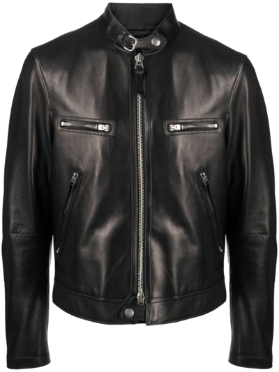 Shop Tom Ford Leather Biker Jacket In 黑色