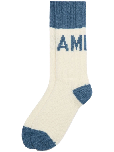 Shop Ami Alexandre Mattiussi Logo-intarsia Wool-blend Socks In White
