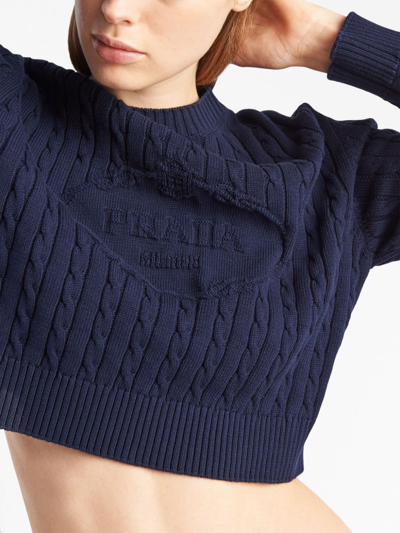 Prada Intarsia-logo Cropped Jumper In Blue