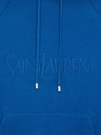 Shop Saint Laurent Logo-embroidered Cotton Hoodie In Blue