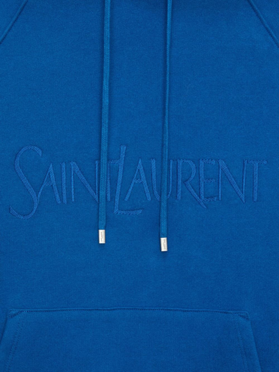Saint Laurent Logo Cotton Hoodie In Blue