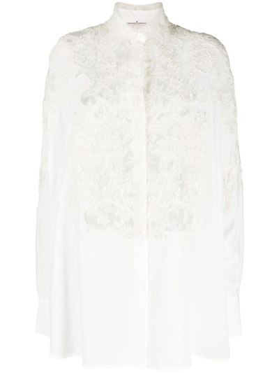 Shop Ermanno Scervino Lace-panelled Buttoned Silk Blouse In White