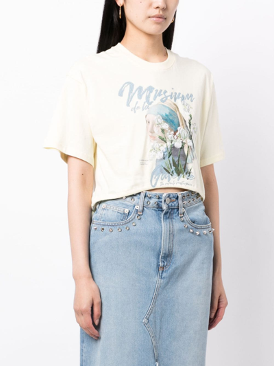 Shop Musium Div. Graphic-print Cotton Cropped T-shirt In Yellow