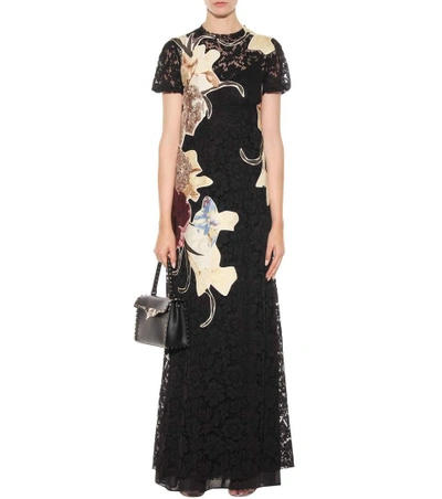 Shop Valentino Lace Dress With Floral Appliqué In Black