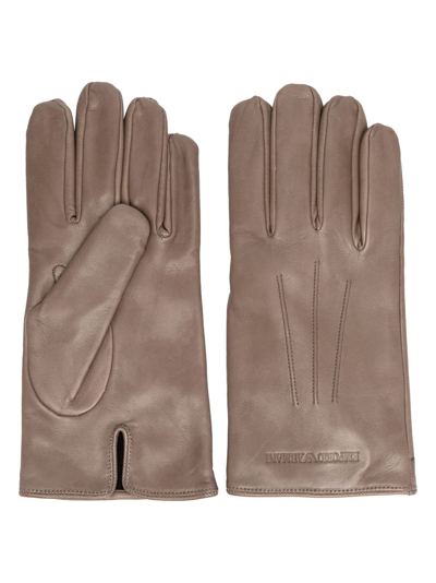 Shop Emporio Armani Debossed-logo Leather Gloves In Grey