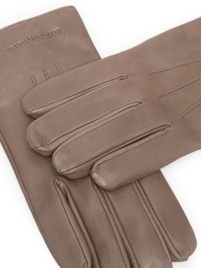 Shop Emporio Armani Debossed-logo Leather Gloves In Grey