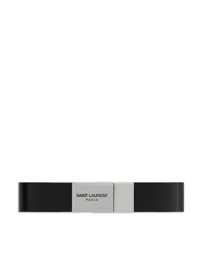 Shop Saint Laurent Cassandre Leather Bracelet In Black