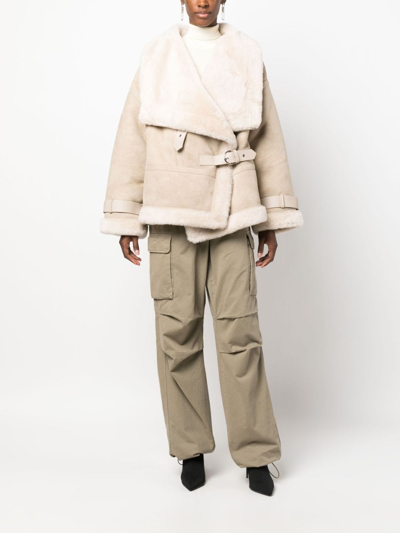 Shop Shoreditch Ski Club Darling Shearling-trim Suede Jacket In Neutrals