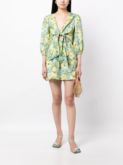 Shop Faithfull The Brand Cintare Floral-print Linen Minidress In Green