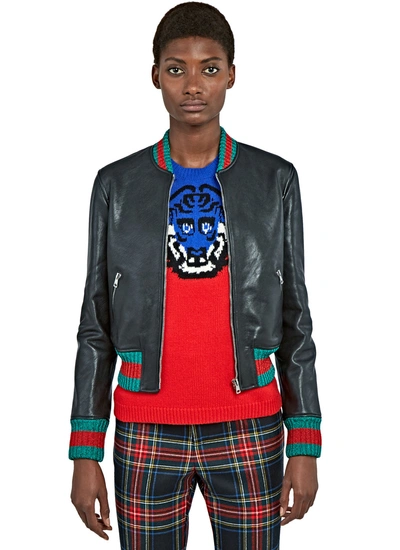 Gucci Women's Metallic Stripe-trimmed Leather Bomber Jacket In Black