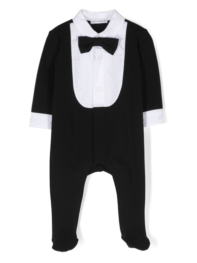 Shop Dolce & Gabbana Logo-embroidered Bow-tie Pyjama In Black