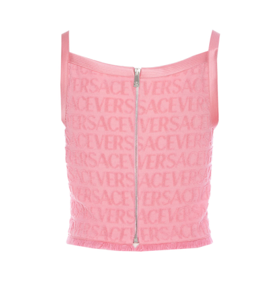 Shop Versace Allover Logo Safety Pin Top In Pink