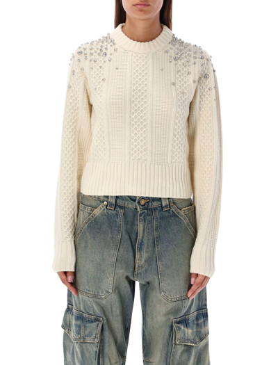 Shop Golden Goose Cropped Sweater With Crystals In Cream