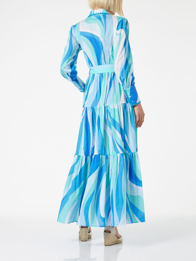 Mc2 Saint Barth Woman Long Dress With Wave Print In Blue