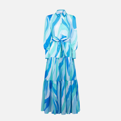 Mc2 Saint Barth Woman Long Dress With Wave Print In Blue
