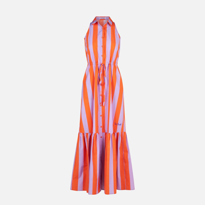 Mc2 Saint Barth Woman Halterneck Dress With Striped Print In Orange