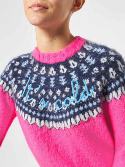Mc2 Saint Barth Woman Fluo Pink Crewneck Nordic Jacquard Sweater In Pink