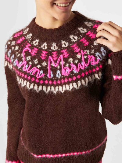 Mc2 Saint Barth Brown Sweater Queen Nordic Soft With Fair Isle Jacquard And Sun Moritz Embroidery In Brown