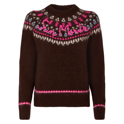 Mc2 Saint Barth Brown Sweater Queen Nordic Soft With Fair Isle Jacquard And Sun Moritz Embroidery In Brown