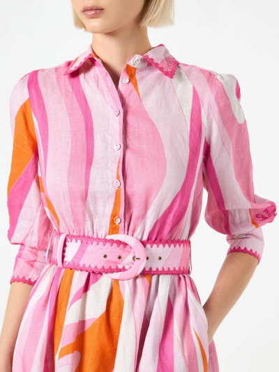 Mc2 Saint Barth Shape Wave Print Linen Short Dress In Pink