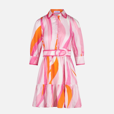 Shop Mc2 Saint Barth Shape Wave Print Linen Short Dress Daisy In Pink