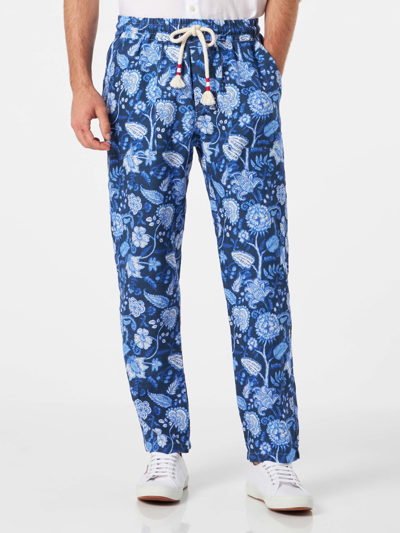 Shop Mc2 Saint Barth Man Floreal Print Linen Pants In Blue