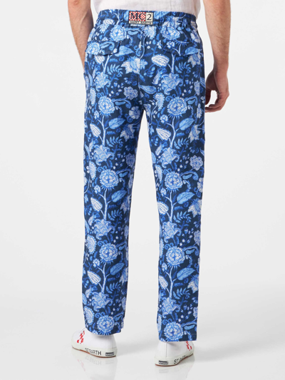 Shop Mc2 Saint Barth Man Floreal Print Linen Pants In Blue