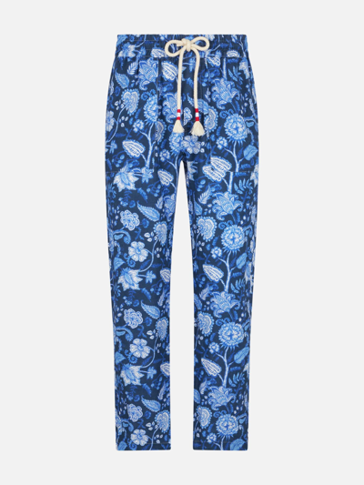 Shop Mc2 Saint Barth Man Floreal Print Linen Pants In Blue