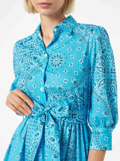 Mc2 Saint Barth Bandanna Print Cotton Short Dress With Embroideries In Sky