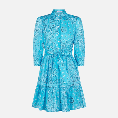 Mc2 Saint Barth Bandanna Print Cotton Short Dress With Embroideries In Sky