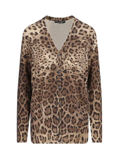 Dolce & Gabbana Leopard-print Cashmere Cardigan In Brown