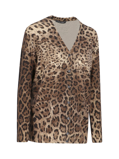 Dolce & Gabbana Leopard-print Cashmere Cardigan In Brown
