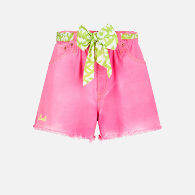 Mc2 Saint Barth Woman Upcycled Pink Denim Shorts With Embroidery In Pink