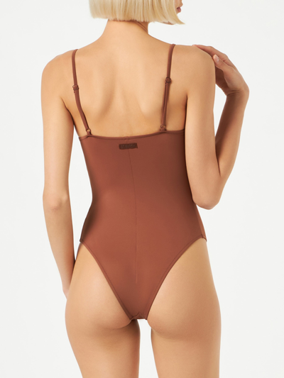 Mc2 Saint Barth Woman One Piece Swimsuit With Brown Shades Rhinestones In Brown